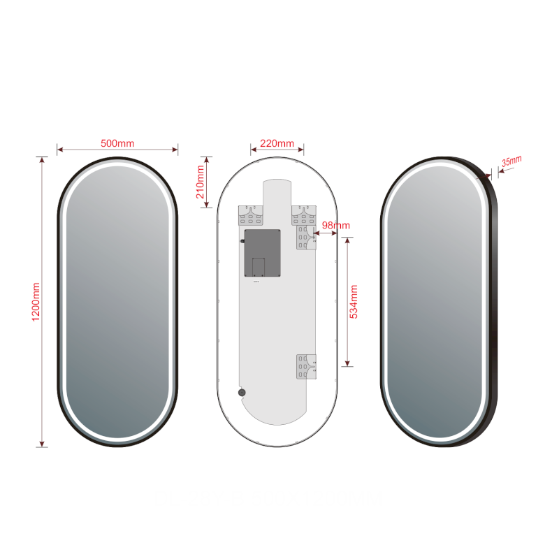 KAIRA oválné zrcadlo s LED osvětlením 120x50cm, černá mat KA500