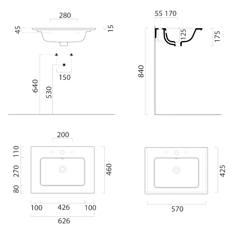 PURA keramické umyvadlo Slim 62x46cm, bez otvoru, černá mat 8884026