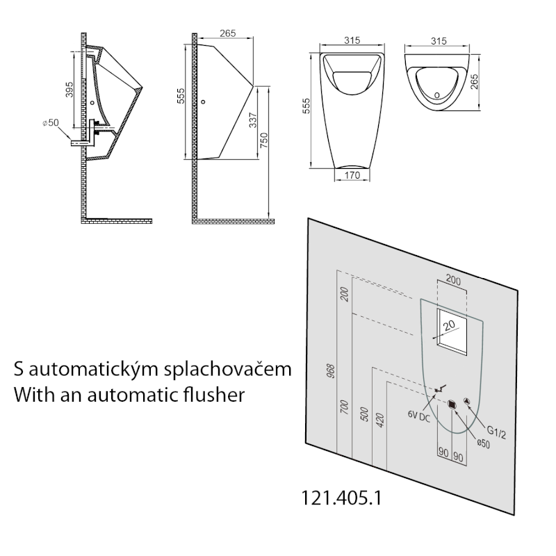 SCHWARN urinál s automatickým splachovačem 6V DC, zadní přívod, zadní odpad, černá matná 201.722.6