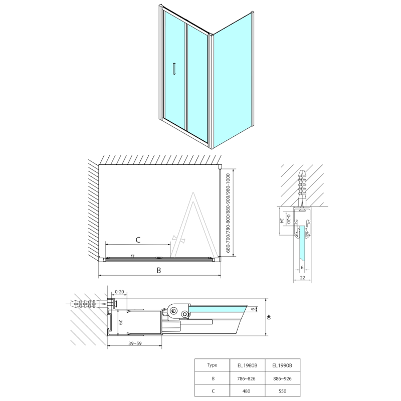 EASY BLACK sprchové dveře skládací 900mm, čiré sklo EL1990B