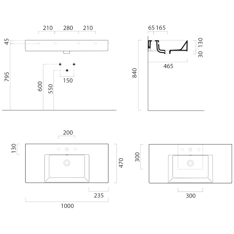 KUBE X keramické umyvadlo 100x47cm, s odkládacími plochami, bez otvoru, bílá mat 9451009