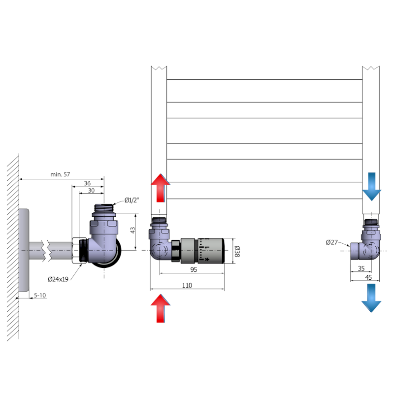 CORNER připojovací sada ventilů termostatická triaxiální, levé provedení, chrom CP1011LS