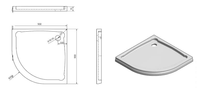 HERA sprchová vanička z litého mramoru, čtvrtkruh, 90x90x7,5cm, R550, bílá GH559
