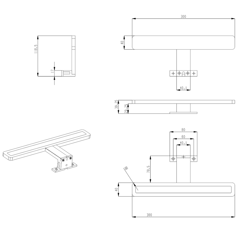 MIRAKA LED svítidlo 5W, 230V, 300x35x120mm, IP44, akryl, chrom MR300