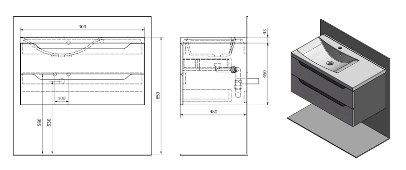 WAVE umyvadlová skříňka 89,7x45x47,8cm, levá, bílá/dub cuneo WA092-3025