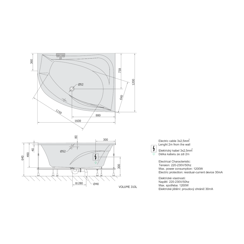 TANYA R hydromasážní vana, 160x120x49cm, Highline Hydro, chrom 66119.5010