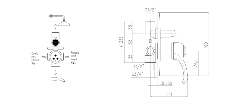 KIRKÉ podomítková sprchová baterie, 2 výstupy, chrom KI42C