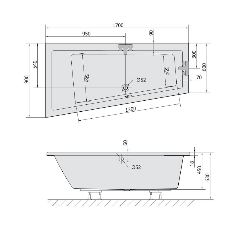 ANDRA L SLIM asymetrická vana 170x90x45cm, bílá 81111S