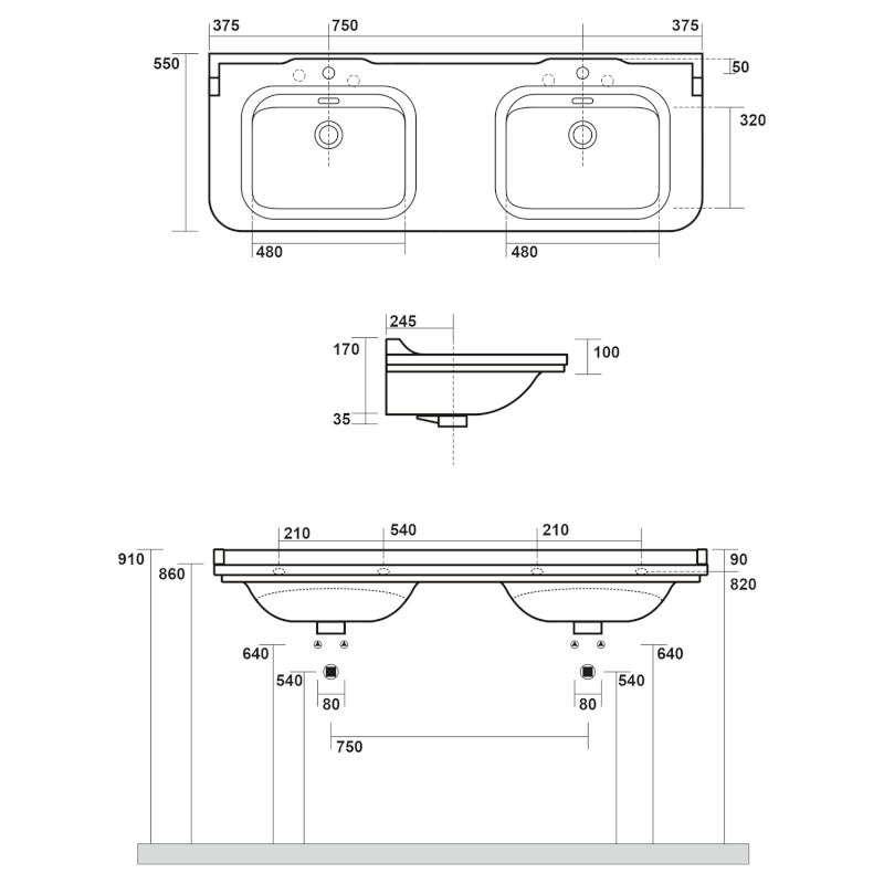 WALDORF keramické dvojumyvadlo 150x55cm, bílá 4143K1