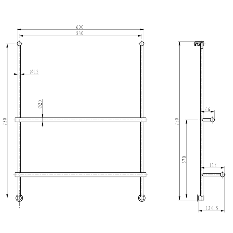 Závěsný držák ručníků na sprchovou zástěnu 600x730x125mm, černá mat 1301-09B