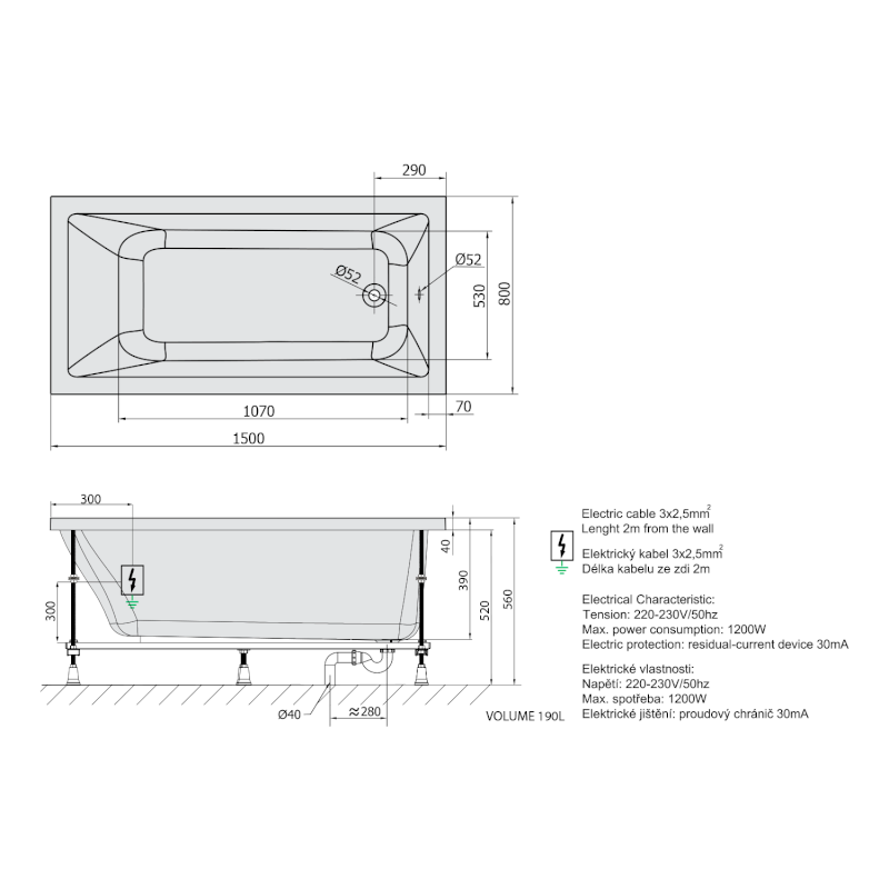 NOEMI hydromasážní vana, 150x80x39cm, Highline Hydro-Air, chrom 71727.6010