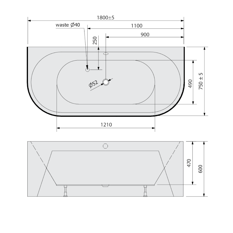 VIVA D MONOLITH nástěnná stojící vana 180x75x60cm, bílá/černá 89139MB