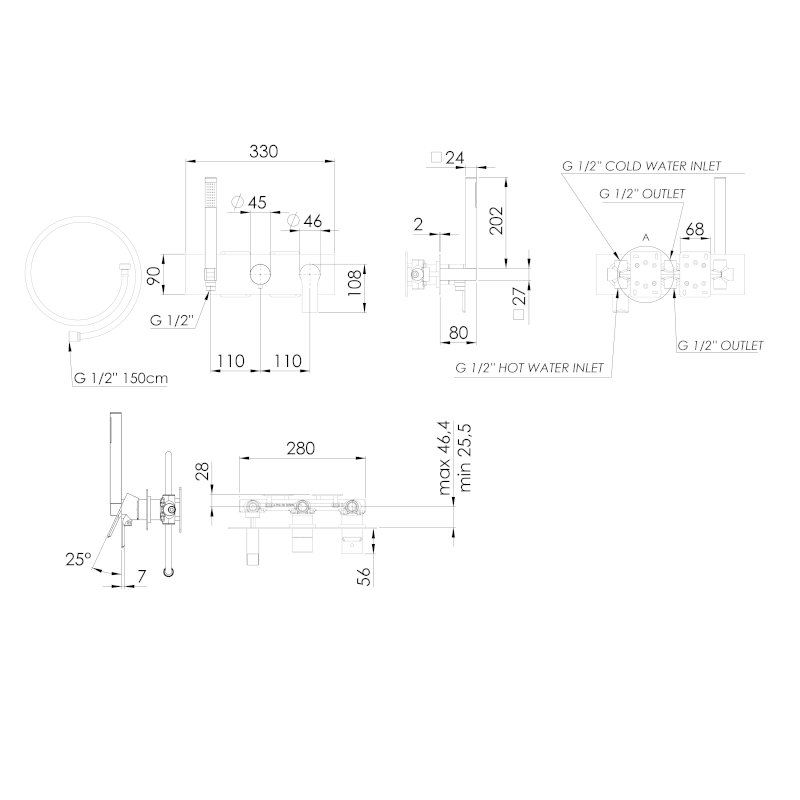 PAX podomítková sprchová/vanová baterie s ruční sprchou, 3 výstupy, bílá mat XA53/14