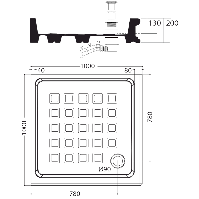 RETRO keramická sprchová vanička, čtverec 100x100x20cm, bílá 134001