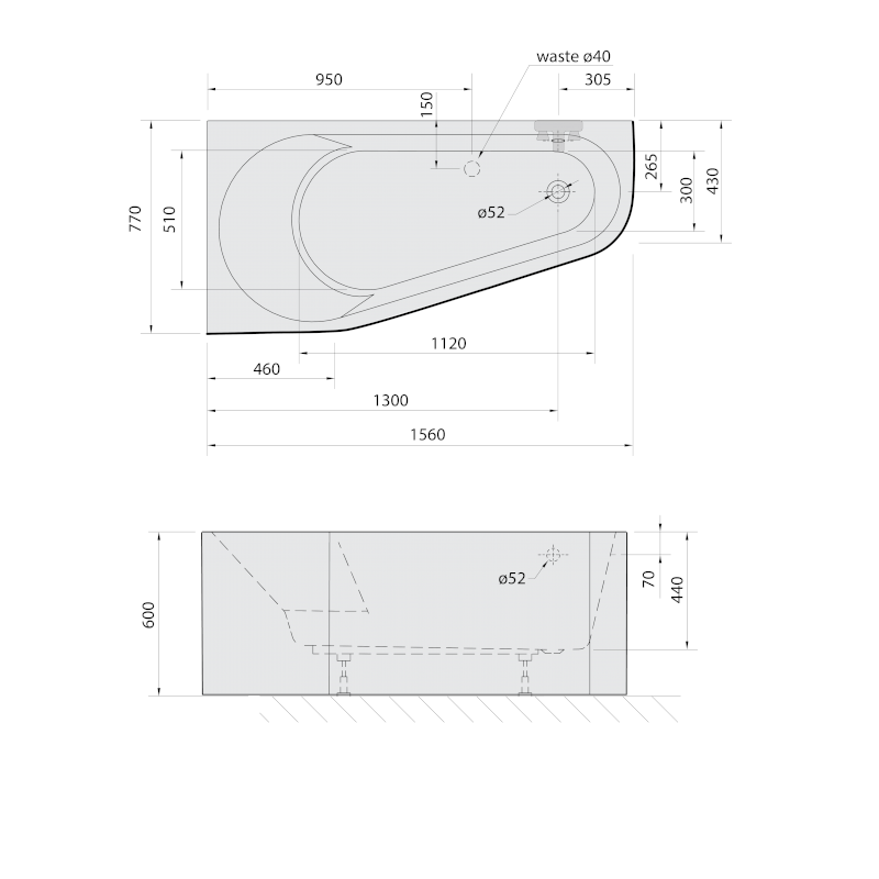 PROJEKTA L MONOLITH asymetrická stojící vana 156x77x60cm, bílá/černá 20111MB