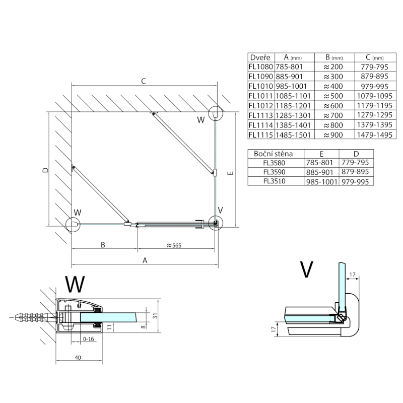 FORTIS boční stěna 1000mm, čiré sklo FL3510