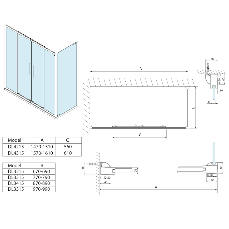 LUCIS LINE sprchová boční stěna 700mm, čiré sklo DL3215