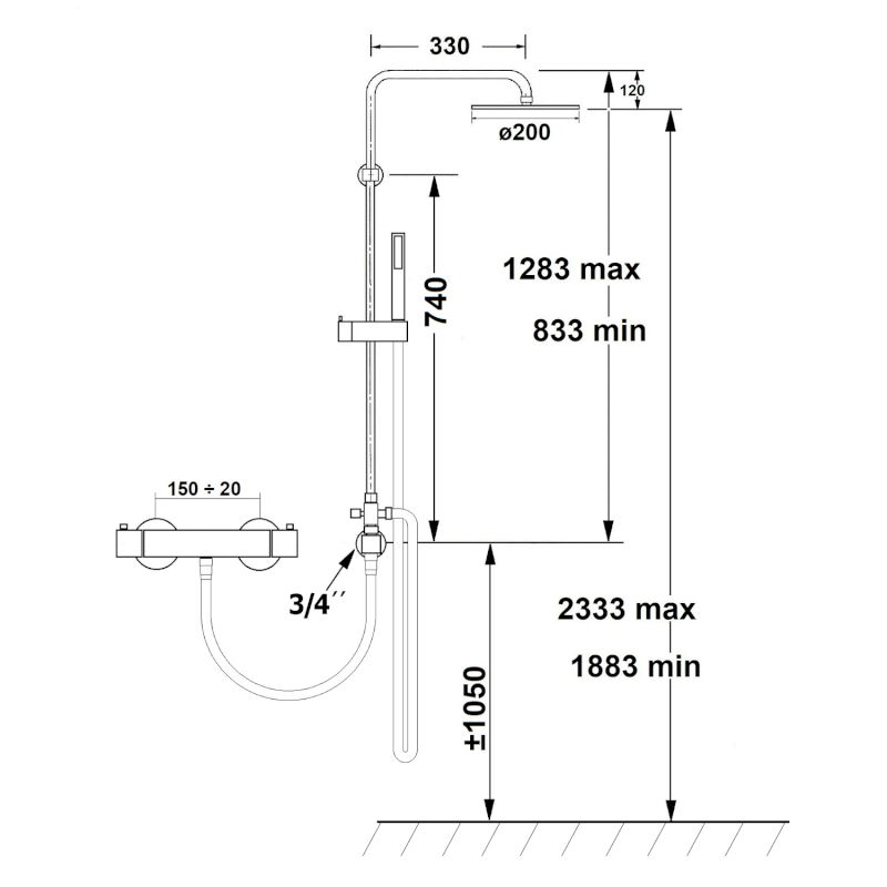 AIRTECH-AXIA sprchový sloup k napojení na baterii, hlavová, ruční sprcha, chrom 990E
