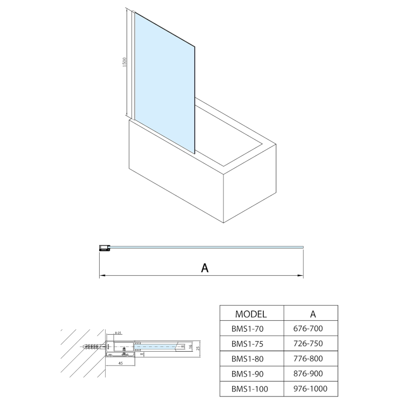 MODULAR SHOWER vanová zástěna 900x1500mm, čiré sklo BMS1-90