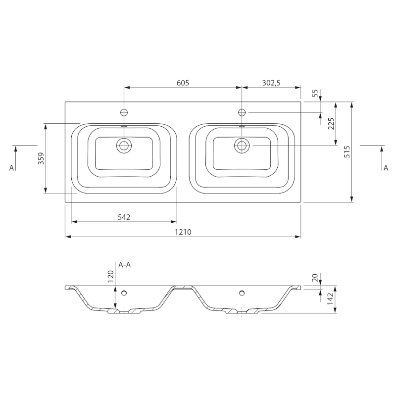 ARECA dvojumyvadlo, litý mramor, 121x51,5cm, bílá AC121