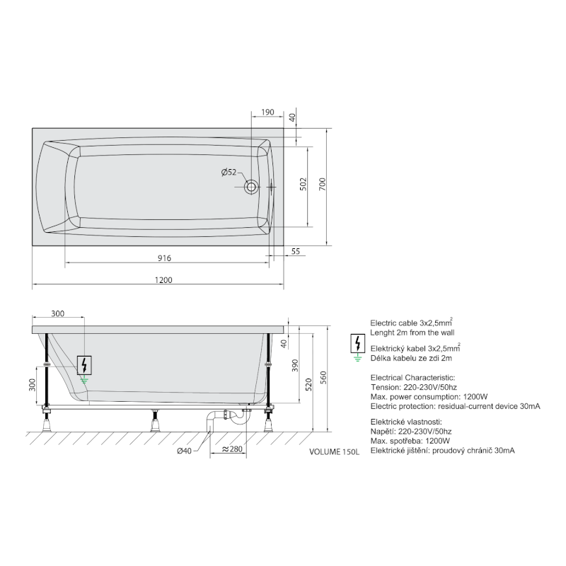 LILY hydromasážní vana, 120x70x39cm, Highline Hydro, chrom 25111.5010