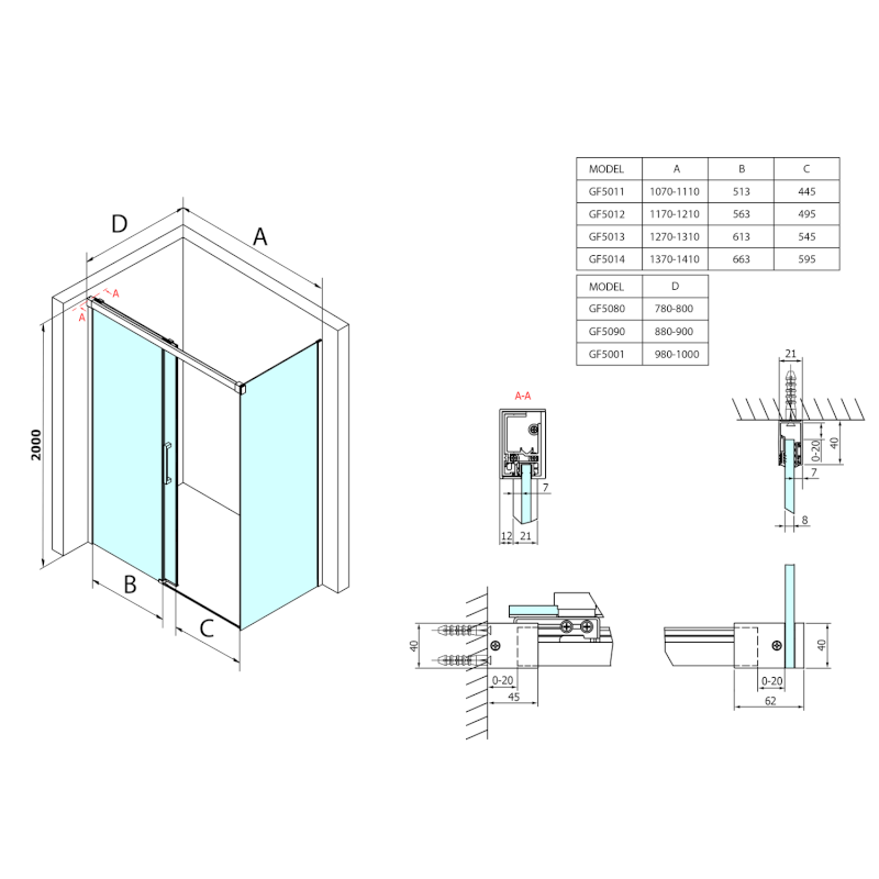 FONDURA boční stěna 900mm, čiré sklo GF5090