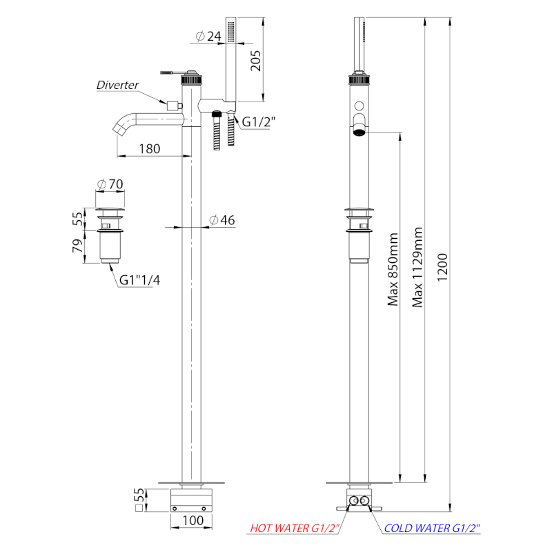 VERSI vanová baterie s připojením do podlahy, chrom RV021