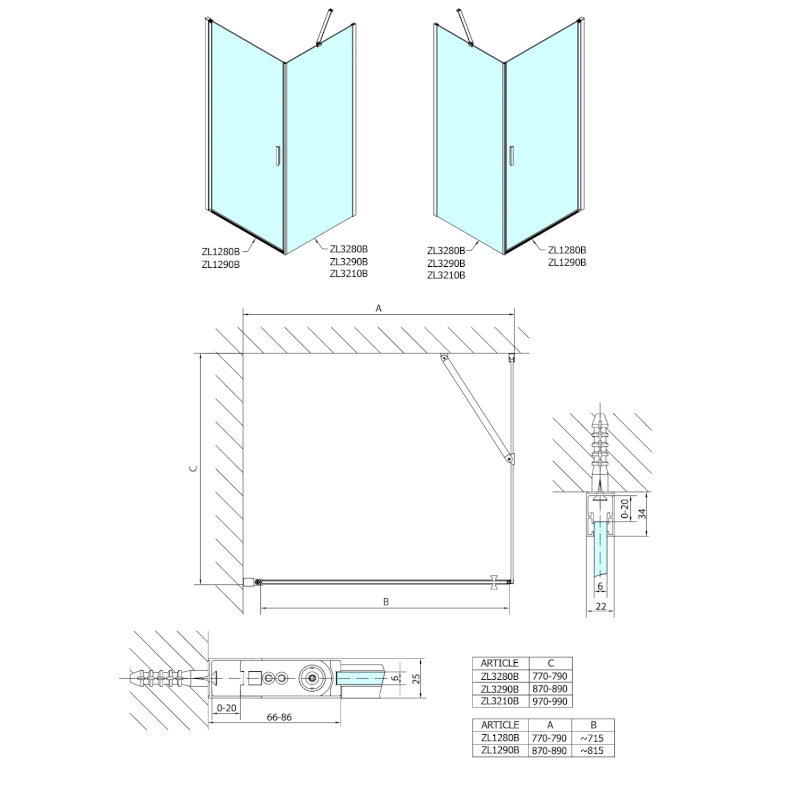 ZOOM BLACK boční stěna 900mm, čiré sklo ZL3290B