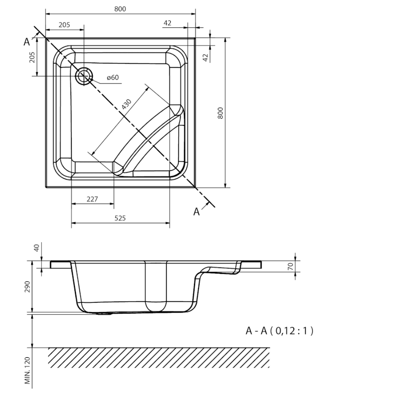 VISLA hluboká sprchová vanička, čtverec 80x80x29cm, bílá 50111