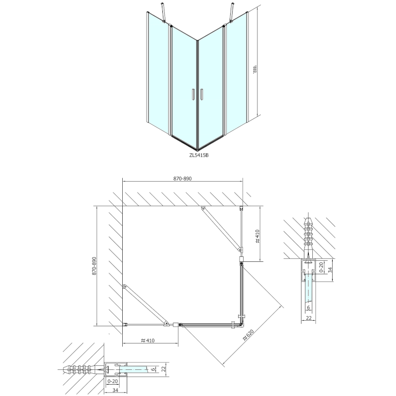 ZOOM BLACK čtvercová sprchová zástěna 900x900mm, čiré sklo ZL5415B