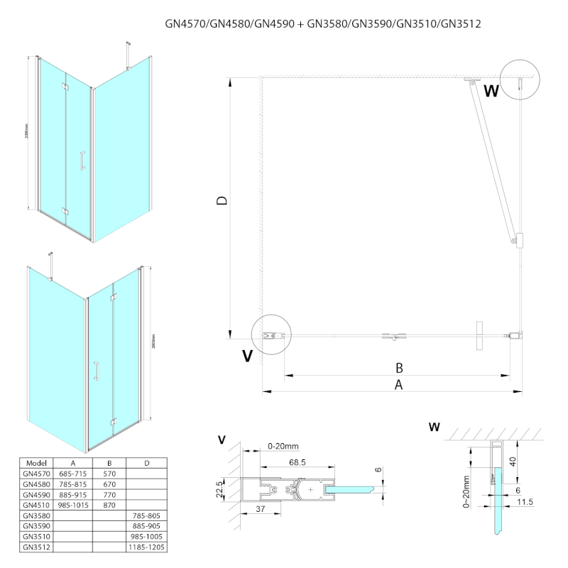 LORO sprchové dveře skládací 1000mm, čiré sklo GN4510