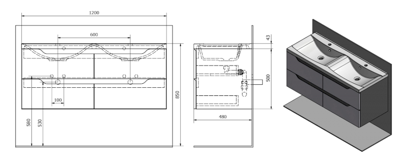 WAVE dvojumyvadlová skříňka 119,7x50x47,8cm, bílá WA120-3030