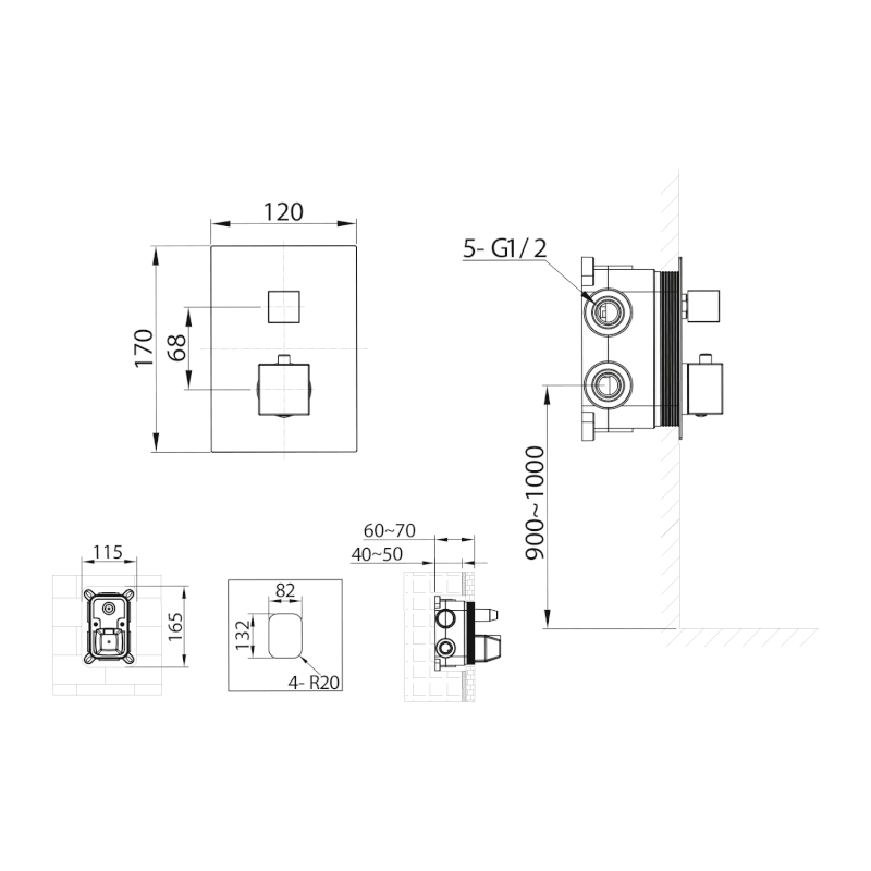 Podomítková sprchová termostatická baterie, box, 3 výstupy, chrom 1102-33
