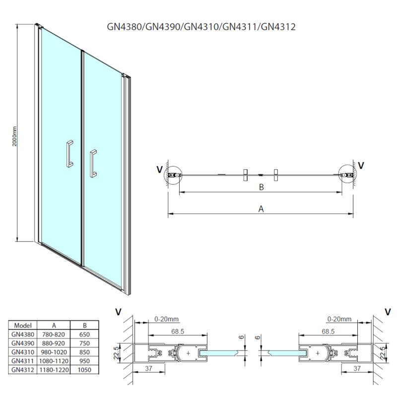 LORO sprchové dveře dvoukřídlé 1000mm, čiré sklo GN4310