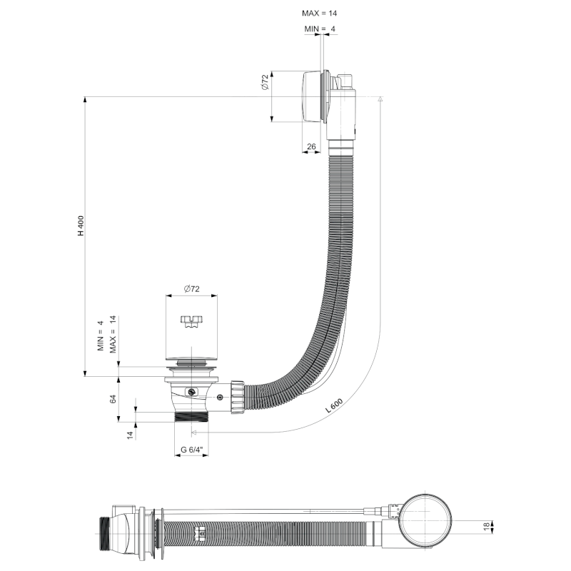 Vanová souprava, bovden, délka 600mm, zátka 72mm, měď mat 71850.70