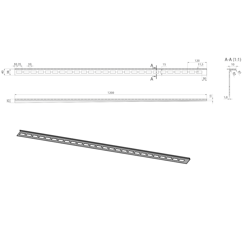 Spádová lišta, levá, výška 10mm, délka 1200mm, nerez mat SPD1210-L
