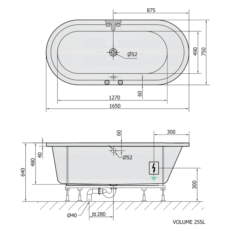 ASTRA O hydromasážní vana, 165x75x48cm, Highline Hydro-Air, chrom 35611.6010