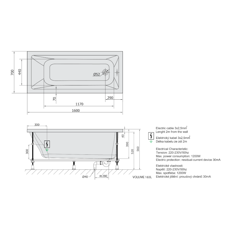 NOEMI hydromasážní vana, 160x70x39cm, Attraction Hydro, chrom 71707.3010