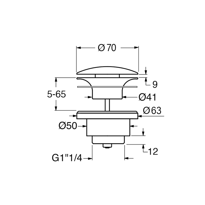 GSI umyvadlová výpust 5/4“, neuzavíratelná, keramická zátka, 5-65mm, černá lesk PVC20
