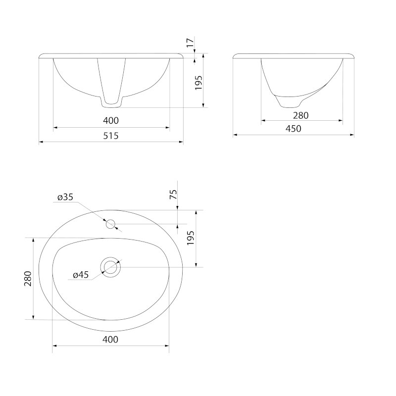 Keramické umyvadlo, zápustné, 52x45cm, bílá 55227