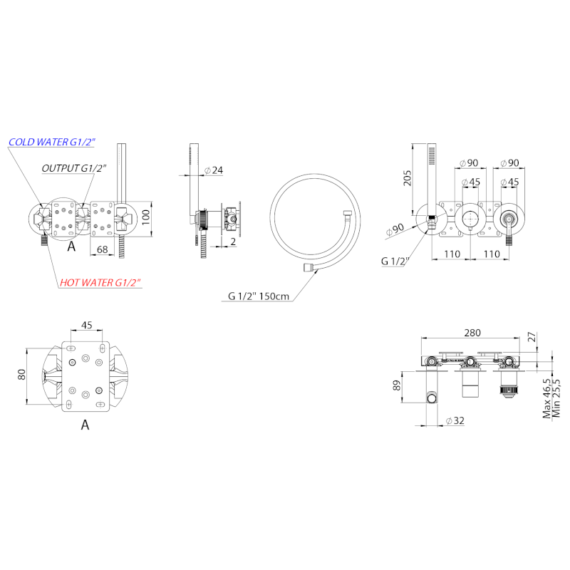 VERSI podomítková sprchová/vanová baterie s ruční sprchou, 2 výstupy, černá mat RV052/15