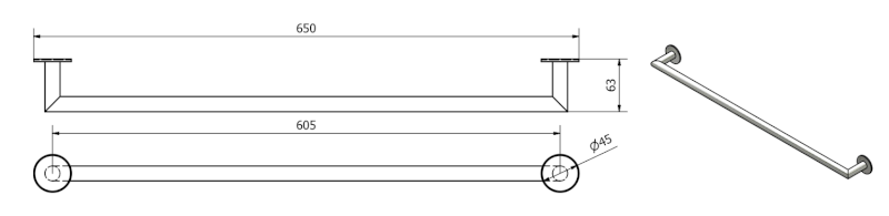 Madlo na ručník 650x70mm pro lepení na sklo, chrom CE509G
