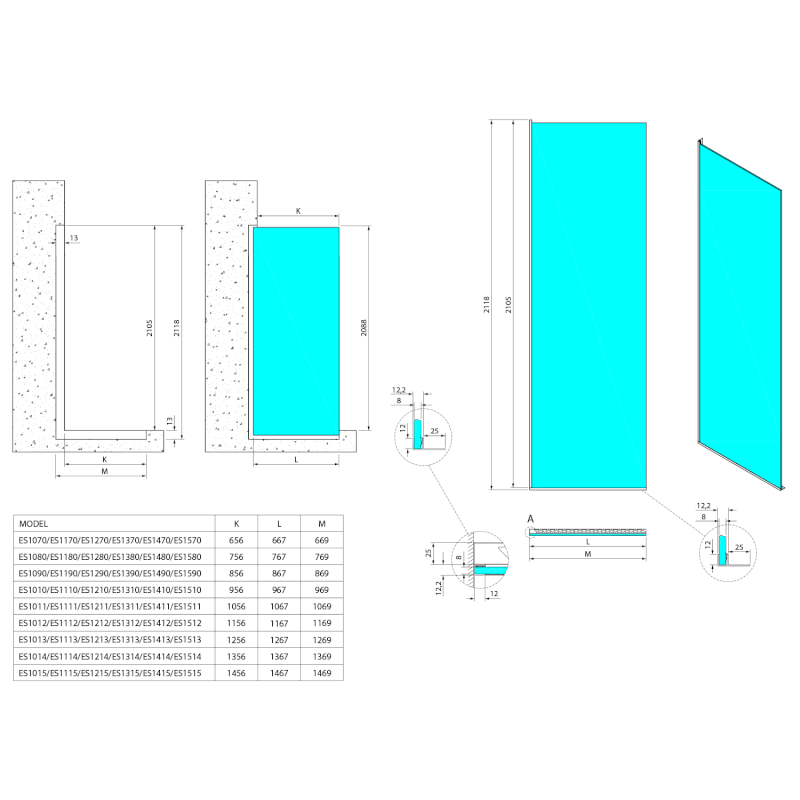 ARCHITEX sada pro neviditelné uchycení skla podlaha-stěna, 1615x2105mm, černá mat AX2216B