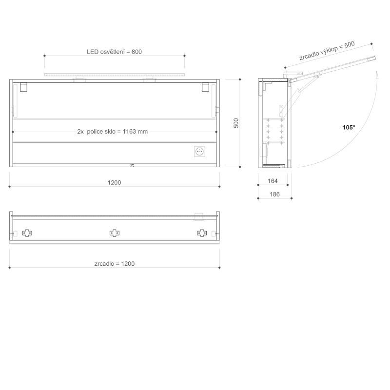 CLOE galerka s LED osvětlením 120x50x18cm, borovice rustik CE120-0016