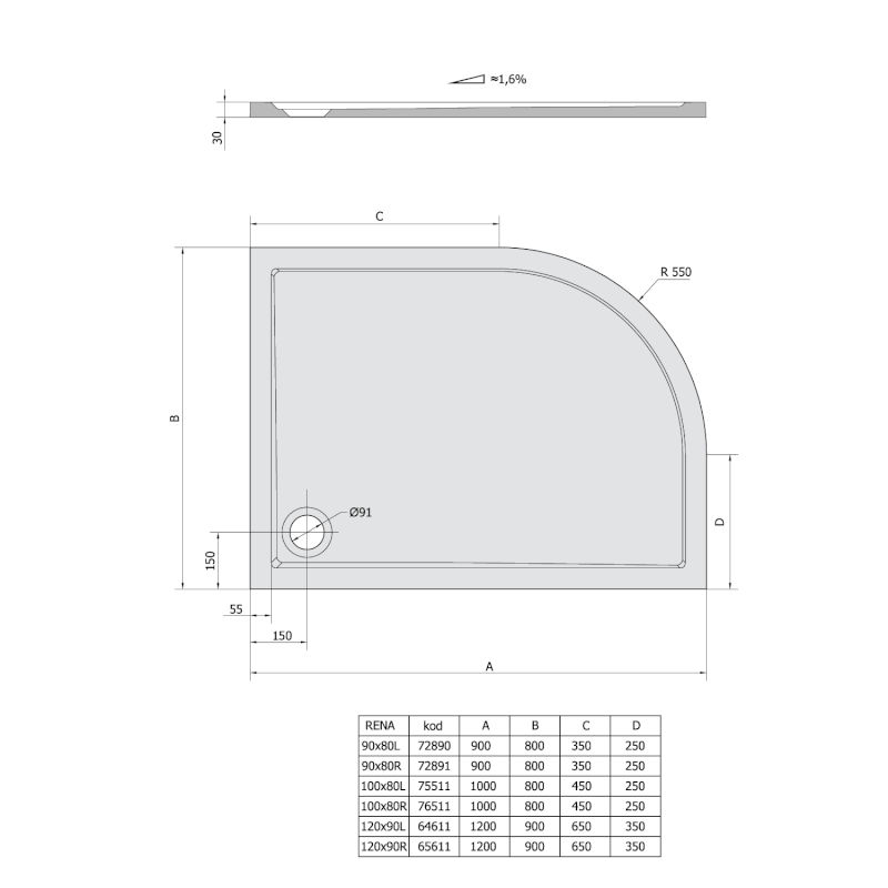RENA R sprchová vanička z litého mramoru, čtvrtkruh 120x90cm, R550, pravá, bílá 65611