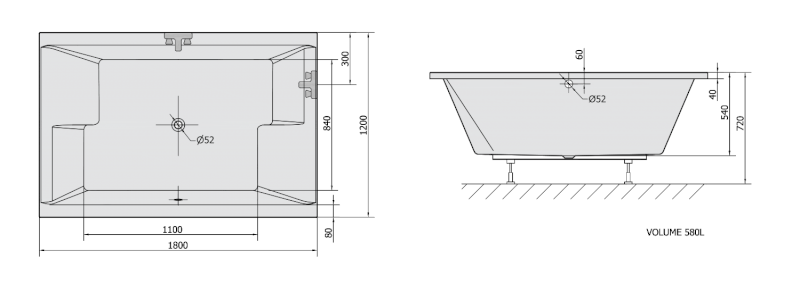DUPLA obdélníková vana s konstrukcí 180x120x54cm, bílá 13711