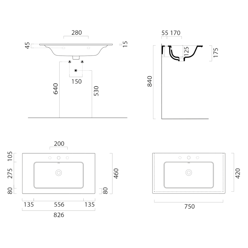 PURA keramické umyvadlo Slim 82x46cm, bez otvoru, černá mat 8885026