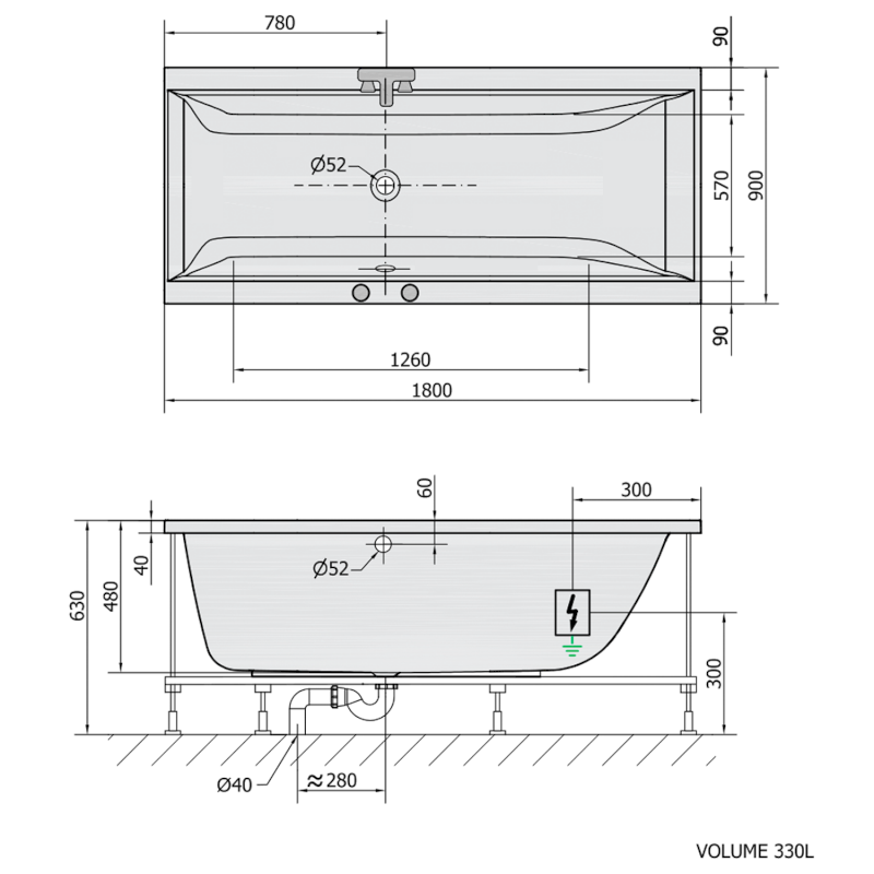 CLEO hydromasážní vana, 180x90x48cm, Attraction Hydro-Air, chrom 13111.4010