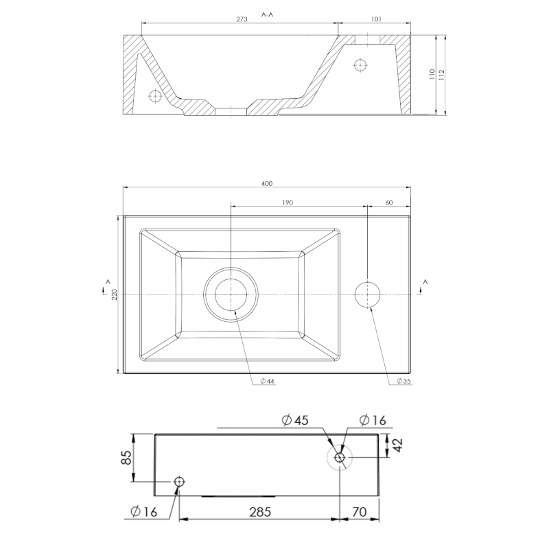 AMAROK umývátko, litý mramor, 40x22cm, baterie vpravo, černá mat AR500B