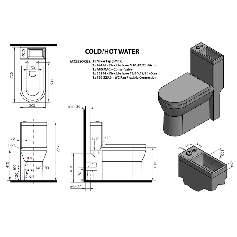 HYGIE WC kombi s umývátkem, zadní/spodní odpad, bílá PB104W